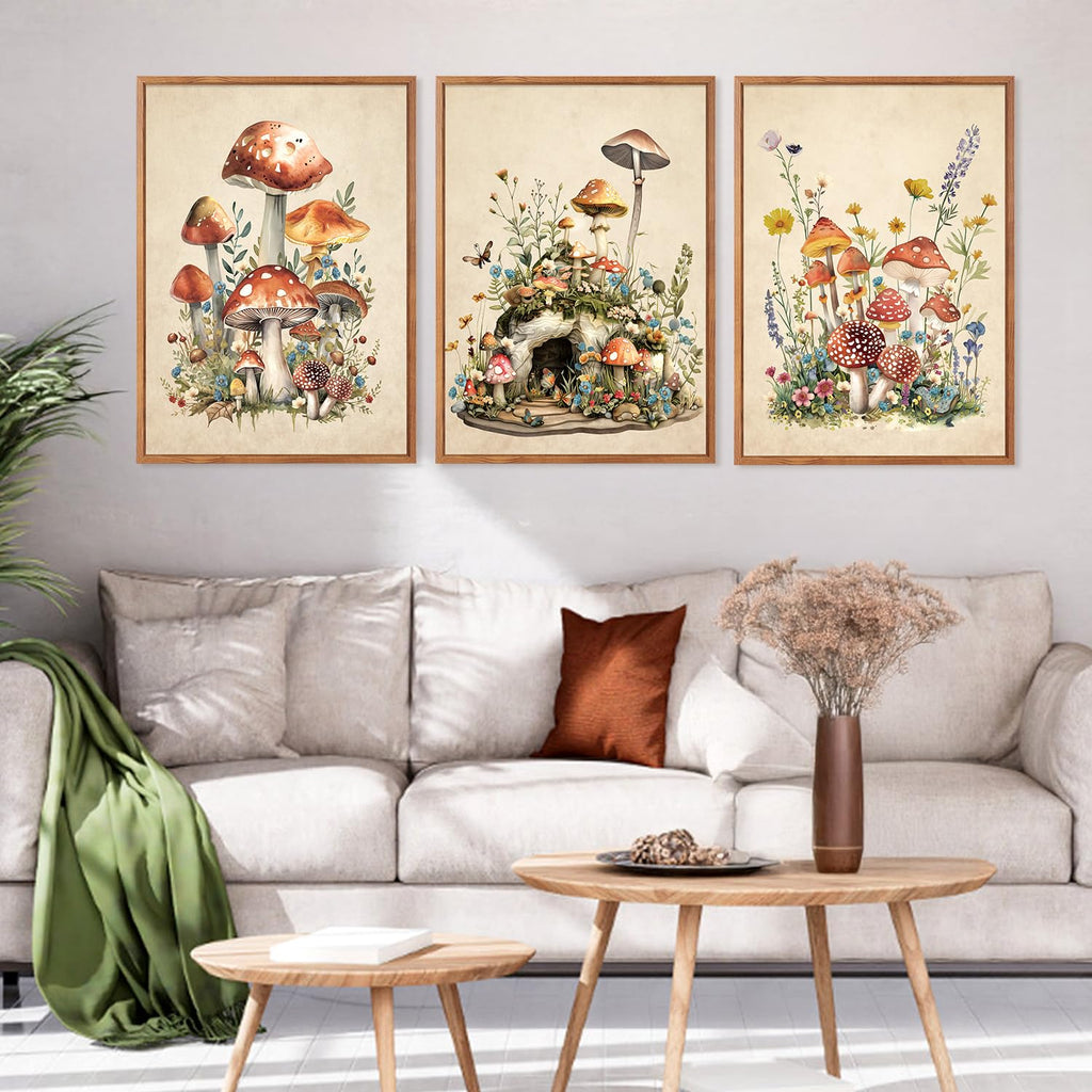 Vintage Mushroom Framed Canvas Wall Art Set Of 3, Magic Mushrooms Wall Decor, Nature Botanical Floral Painting