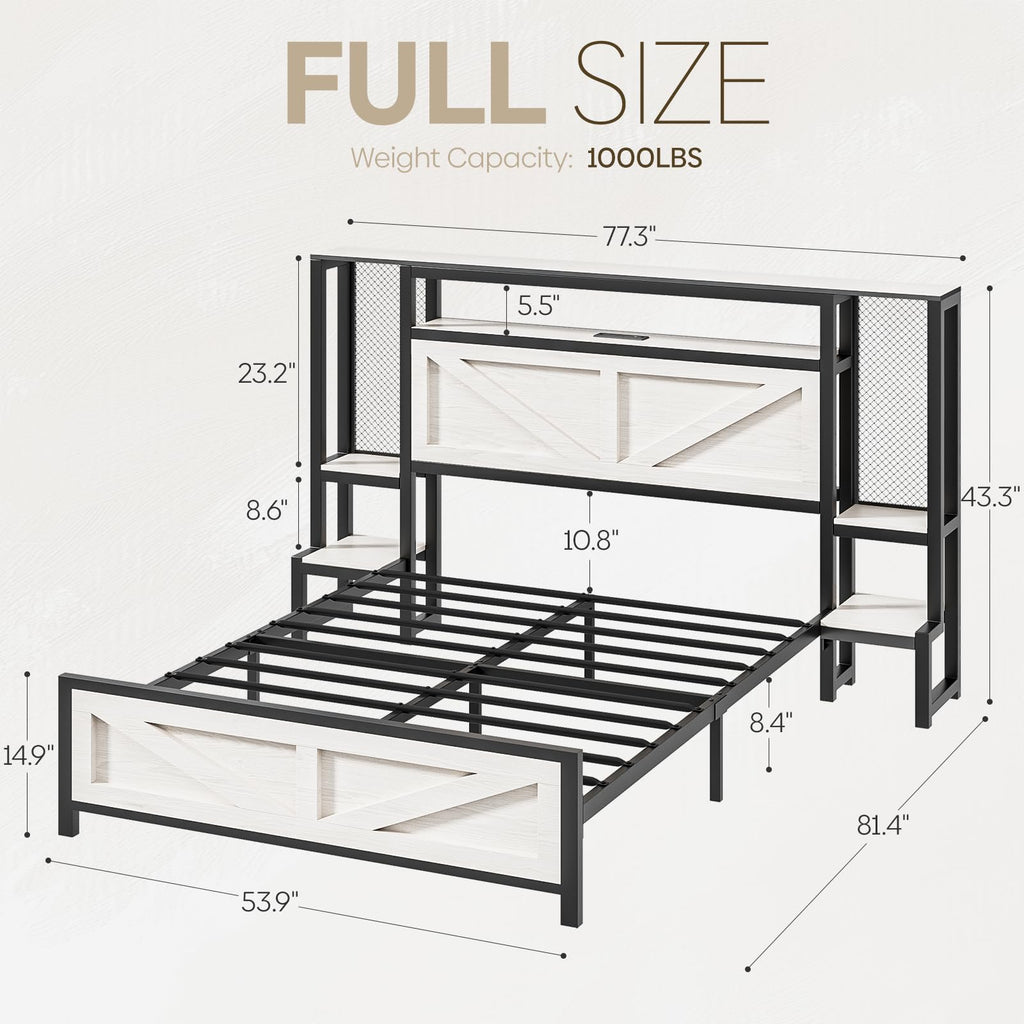 Rustic Bed Frame with Storage Born Door Headboard and Bedside Storage, Industrial Farmhouse Metal Platform