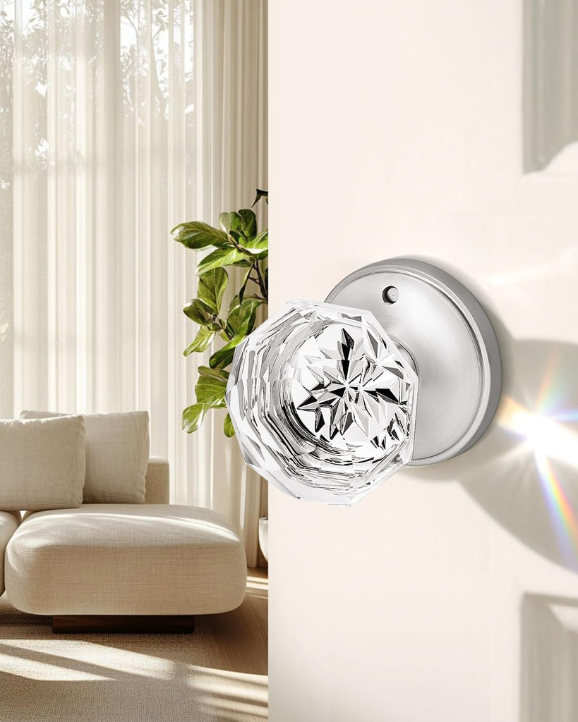 1 Pack Diamond Crystal Door Knob, Privacy Door Handle /Bathroom, Interior Keyless Door Knob with Pin Lock, Zinc Alloy