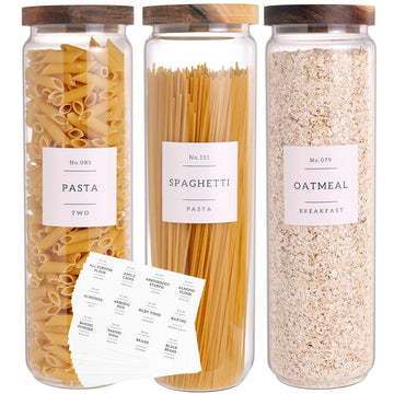 3 Set Glass Pantry Storage Jars with Acacia Airtight Lid - 50oz Thicken Glass Kitchen Canisters with 132 Pantry