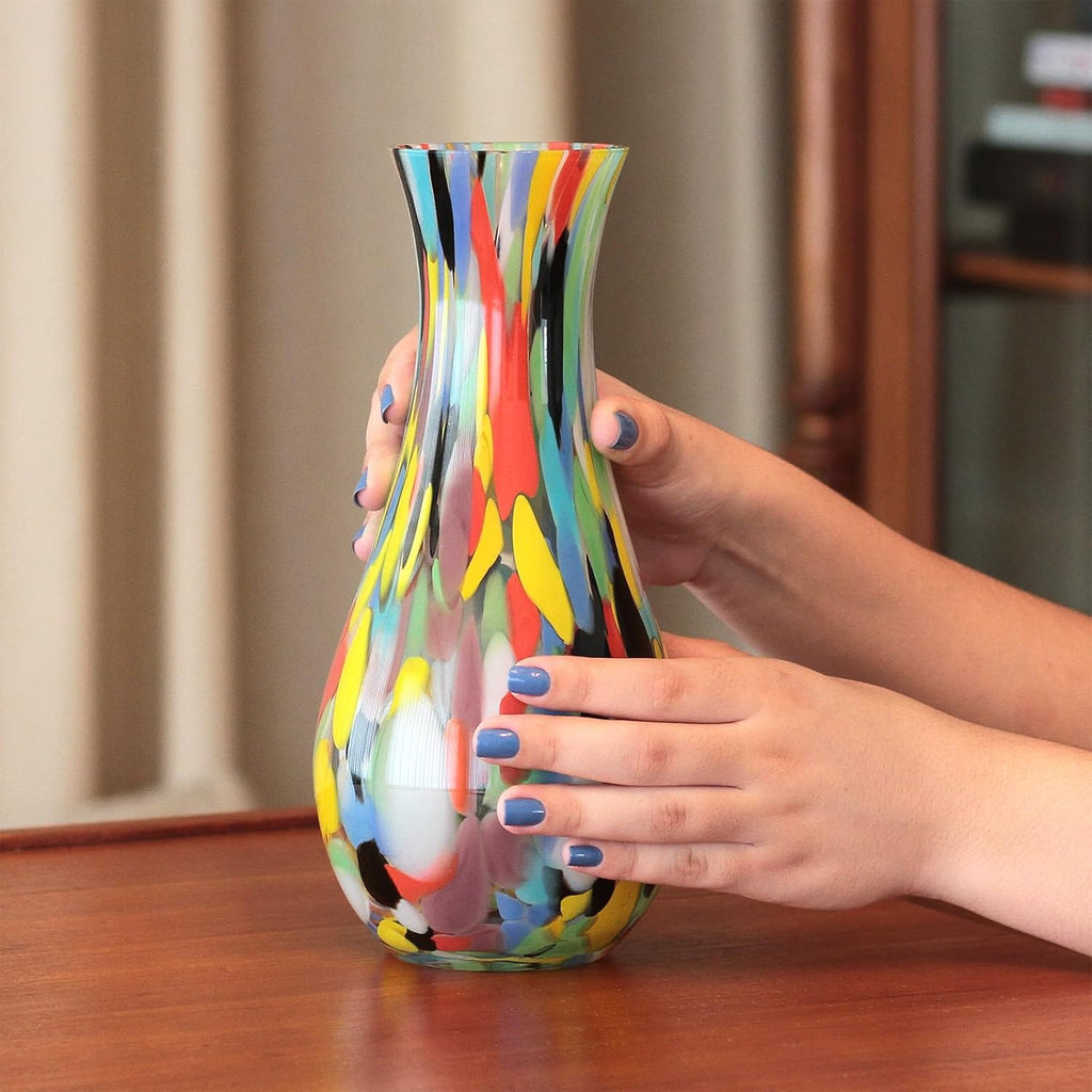 Murano Style Art Glass Vase Hand Blown Colorful Confetti Effect Home Decor | Hand Blown Glass Vase, Decorative Table