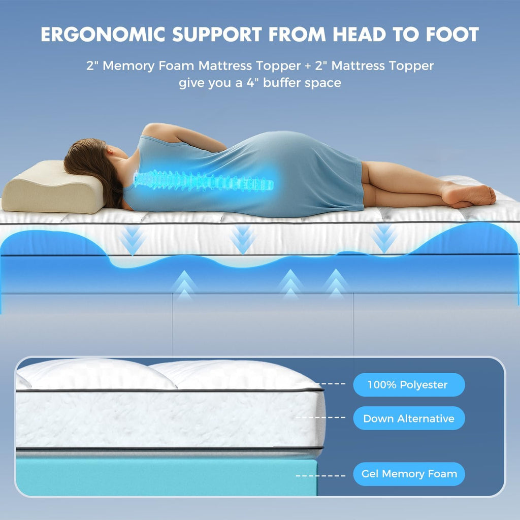 Dual Layer Memory Foam Mattress Topper, Full Mattress Pad, 4 Inch | 2" Cooling Gel Memory Foam + 2" Plush Pillow Top