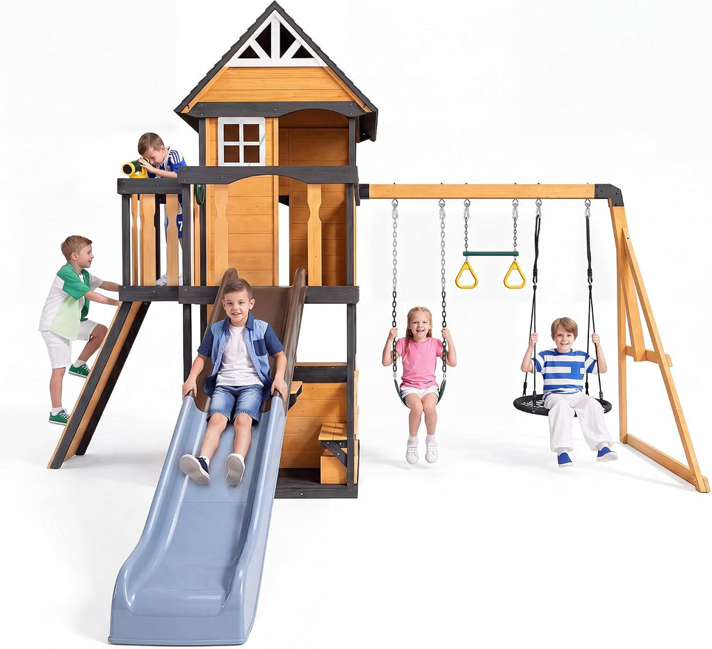 Kids Playground Wooden Swing Set Garden Lawn Play House, Natural | Solid Pine, Kids' Playground, ASTM Safety Norms