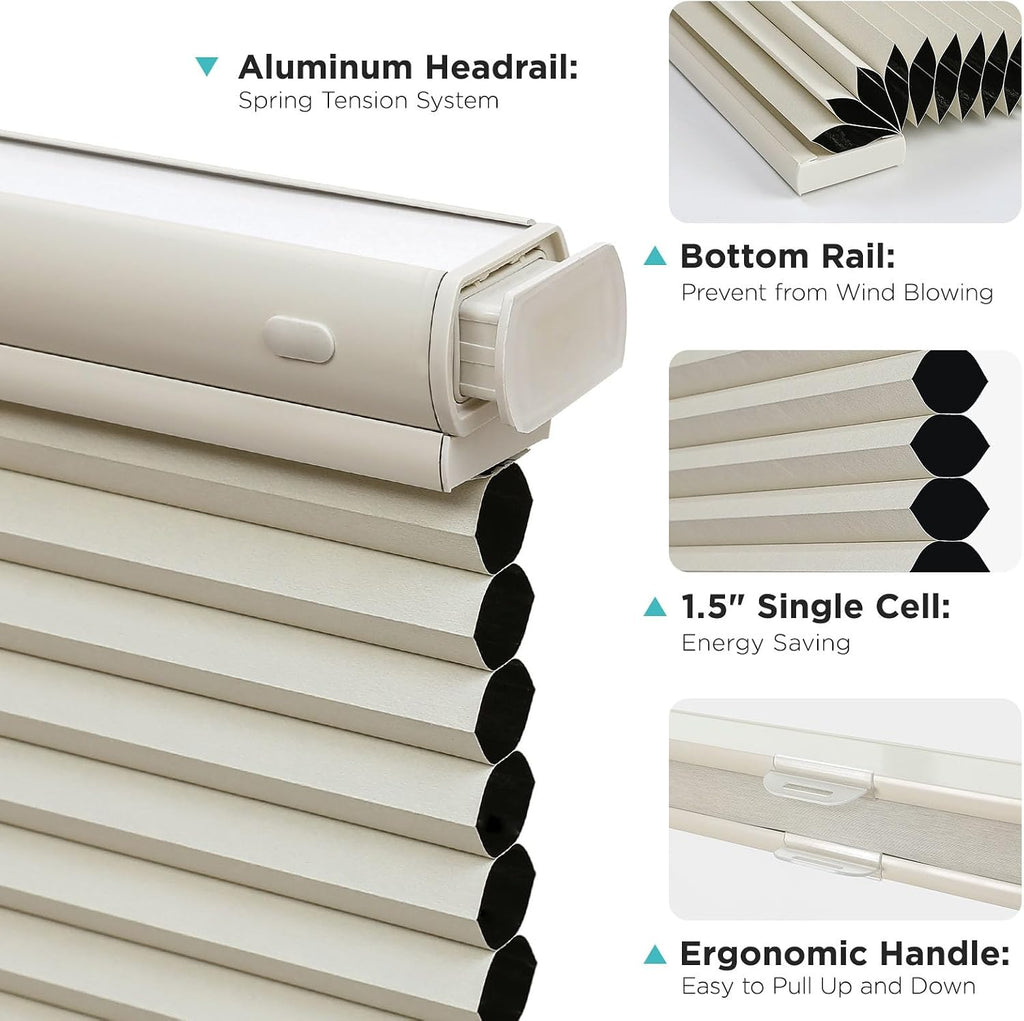 No Tools No Drill Blinds for Indoor Windows, Cordless Window Blinds Cellular Shades Top Down Bottom Up Blackout
