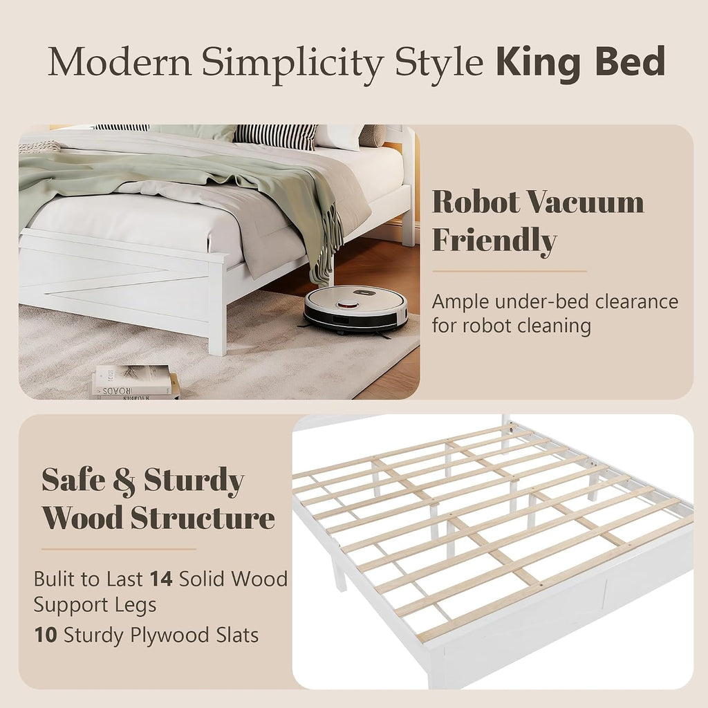Rustic Platform Bed Frame with Barn Door Design Headboard and Footboard for Bedroom, King Pine Wood Bed with Wooden