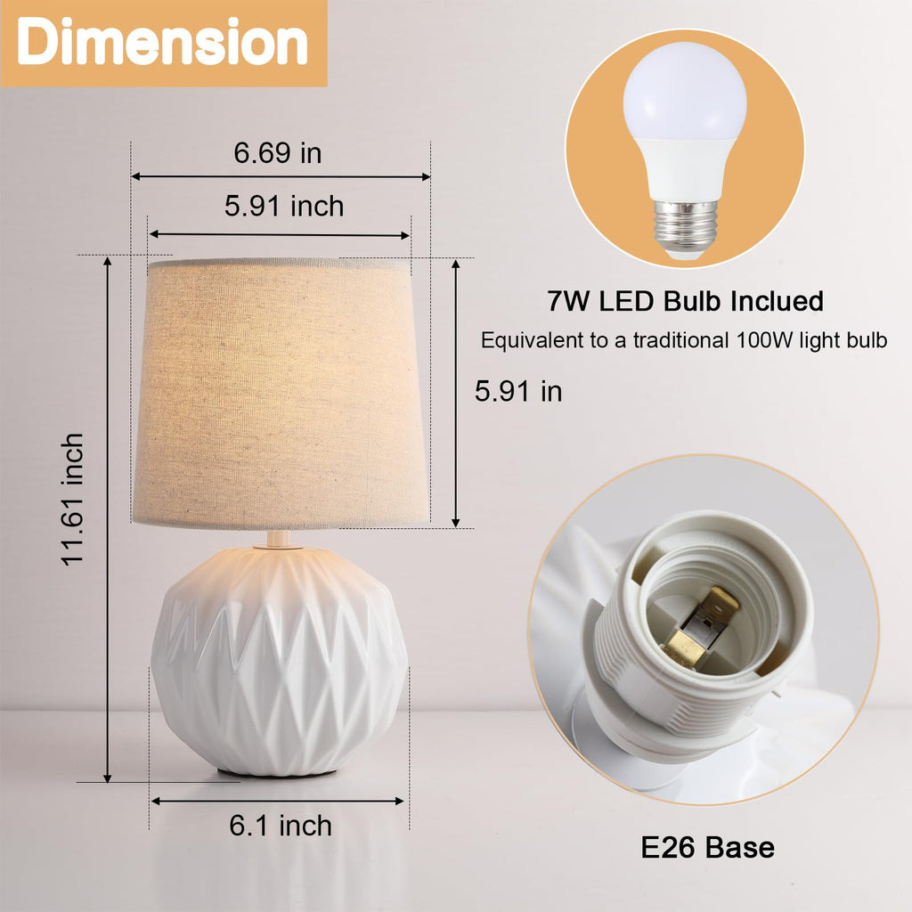 White Ceramic Table Lamp, Geometric Textured Small Bedside Lamp with Linen Shade, Mid Century Modern Nightstand Lamp