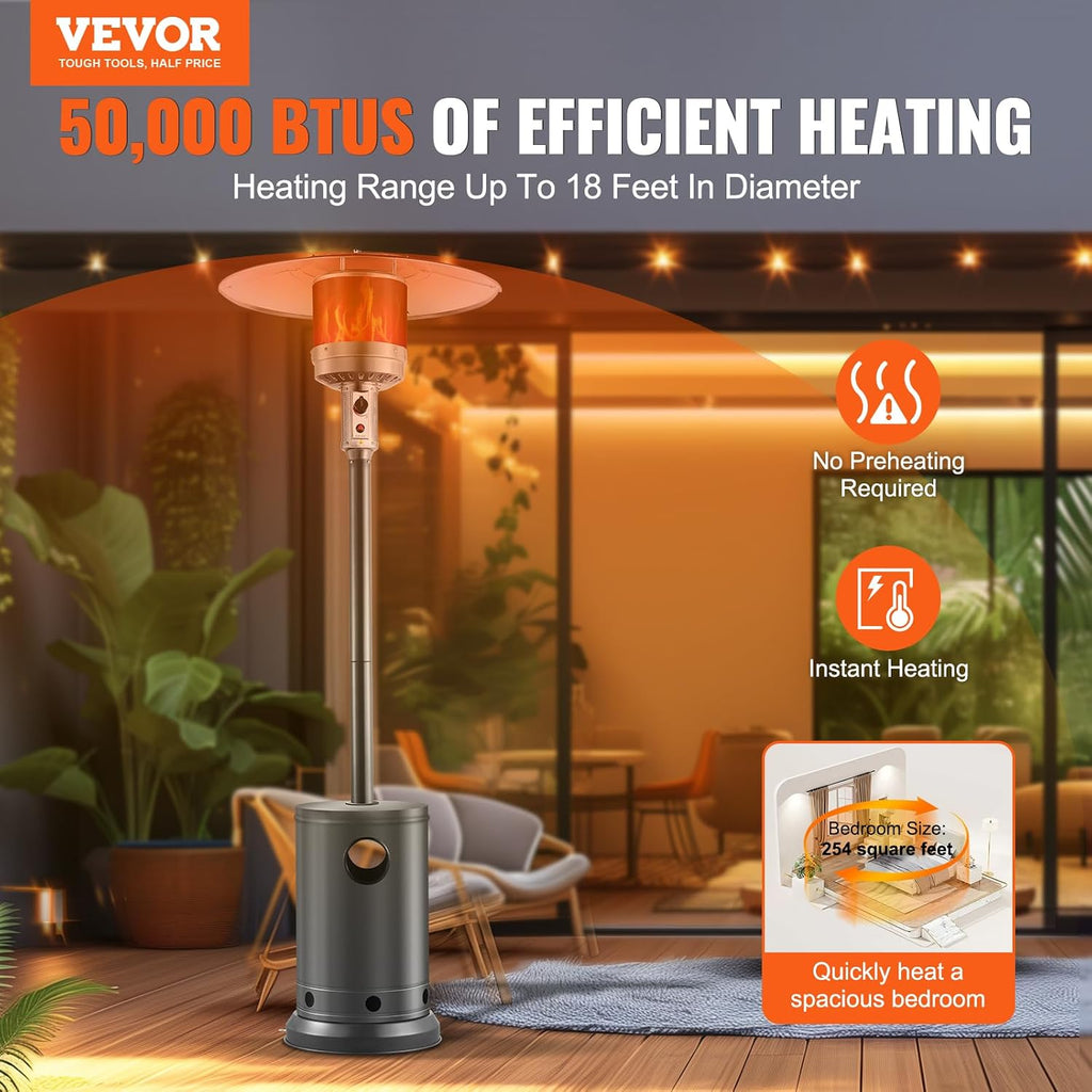 50000BTU Propane Patio Heater for Outdoor Use With Round Table Design, Metal Burner and Wheels - Tall Hammered Flame