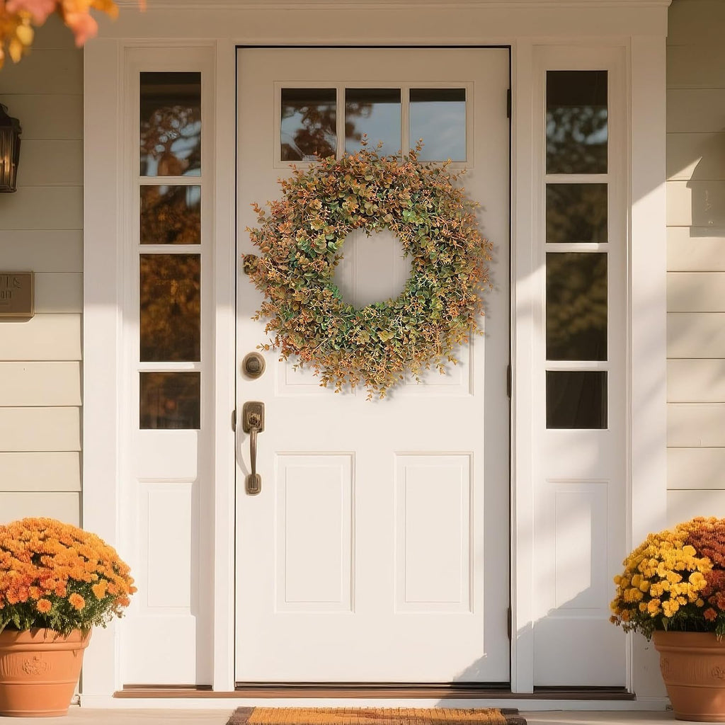 26"Artificial Eucalyptus Wreath with Seed for Front Door Decor(Fall Orange)
