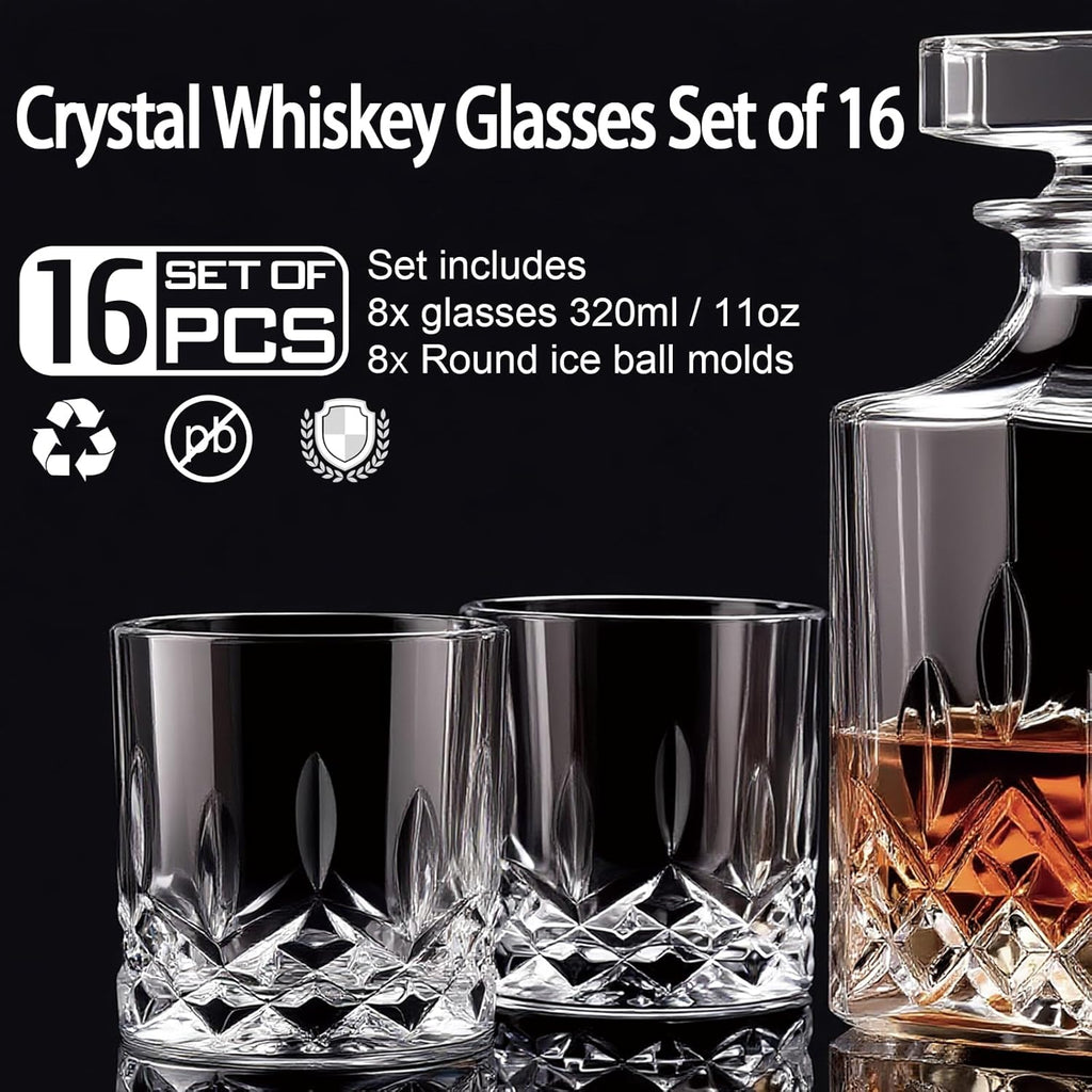 Whiskey Glasses, Set of 16 (8 Rocks Glasses 8 Whiskey Ice Ball Molds), 11 OZ Old Fashioned Glass for Bourbon Vodka