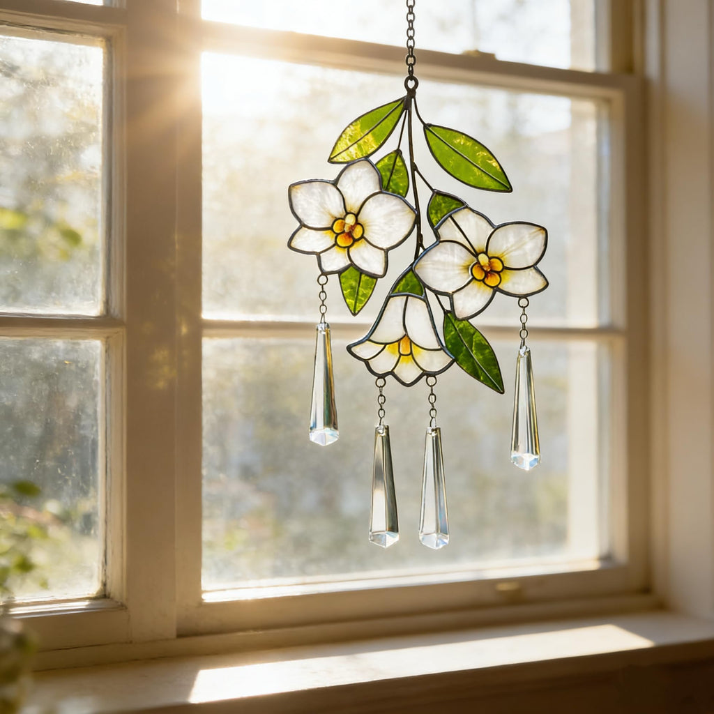 Stained Glass Plumeria Flower Suncatcher, Window Decor with Crystal Prisms