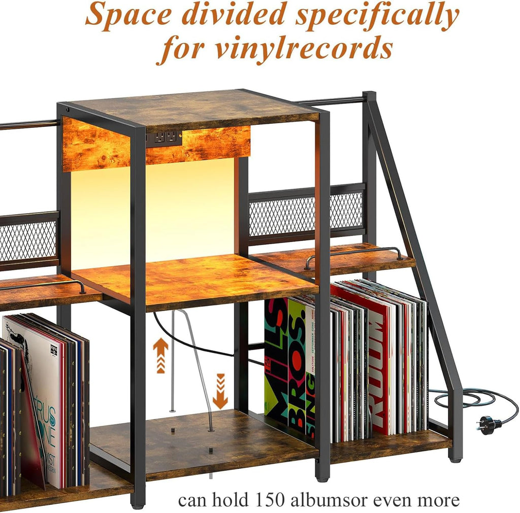 Record Player Stand, Record Player Table with Power Outlets and LED Light, Holds Up to 300 Albums, Vintage Vinyl