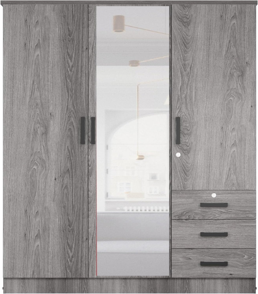 Violet Wardrobe Mirrored Door Closet 3 Doors and 3 Drawers (Grey)