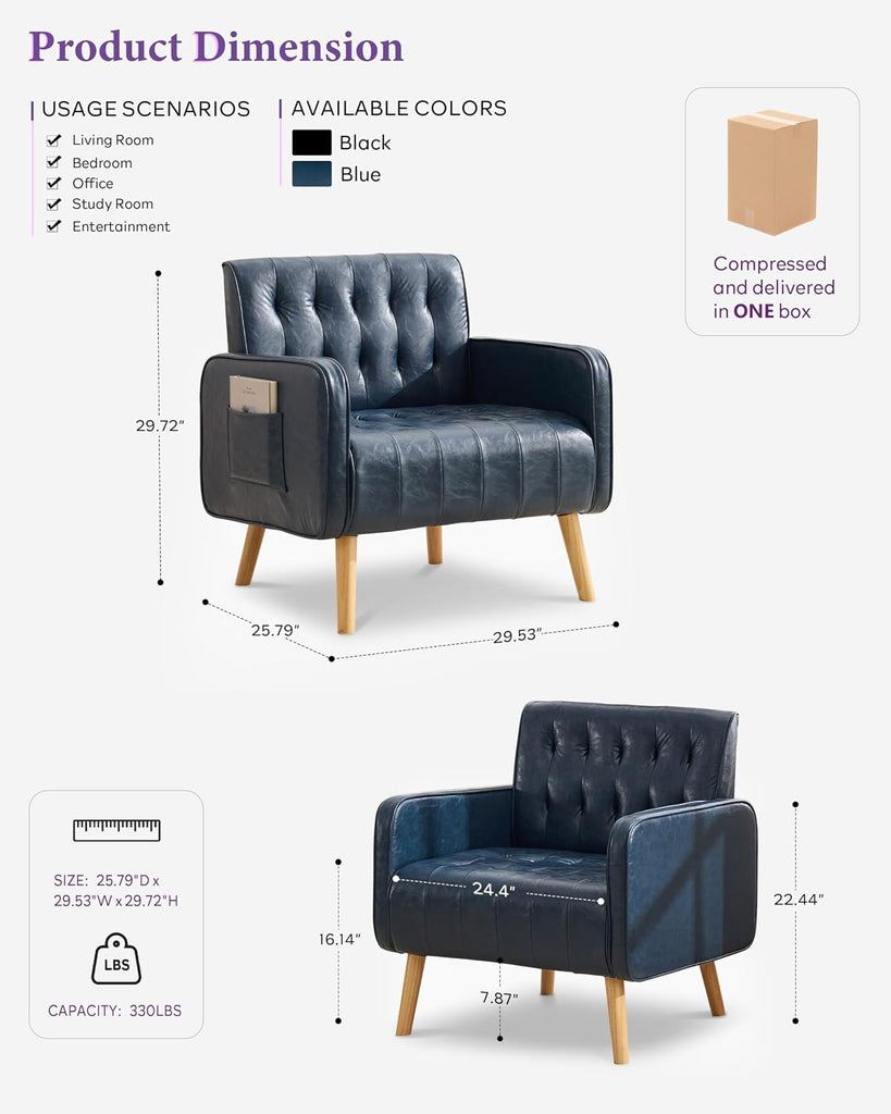 Faux Leather Accent Chair, Armchair with Wooden Legs (Blue, 2) - Set of 2
