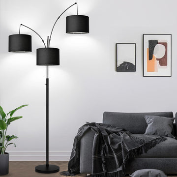 Dimmable Floor Lamp - 3 Lights Arc Floor Lamps, 1000LM Modern Tall Standing Lamp With Black Shades & Heavy Base, Mid