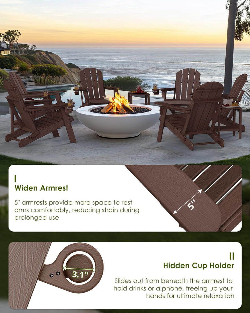 Folding-Adirondack-Chairs Set of 2, HDPE Wood Grain, Dark Brown | Hidden Cup Holder | 5" Wide Armrests | Foldable