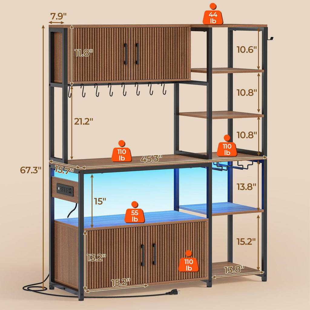 Fluted Bakers Rack with Storage and LED Light, 45.3 Inch Coffee Bar Cabinet, Microwave Stand with Storage, Goblet