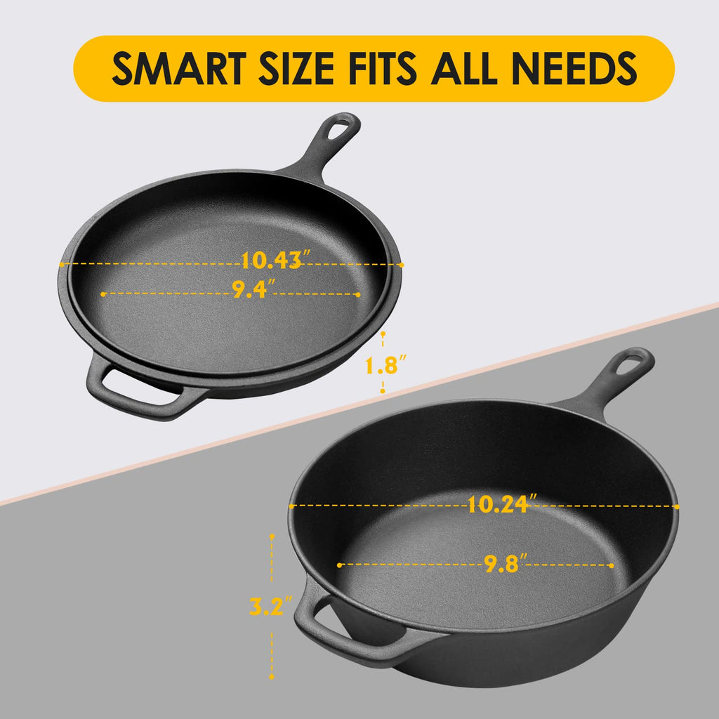 2-in-1 Pre-Seasoned Cast Iron Dutch Oven Pot with Skillet Lid Set, 10" Skillet 3QT Pot for Cooking, Baking, Frying