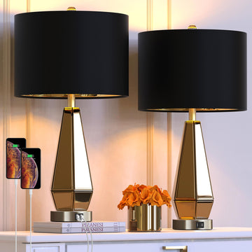 Set of 2 Mirrored Glass Bedside Table Lamps with 2 USB Ports s Modern Amber Side Nightstand Lamps with Gold Black
