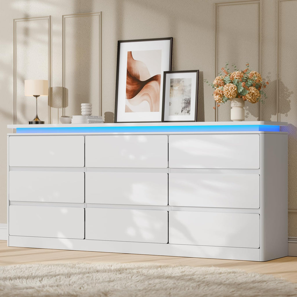 9 Drawer, 62.99" Long White Chest of Drawers w/LED Light