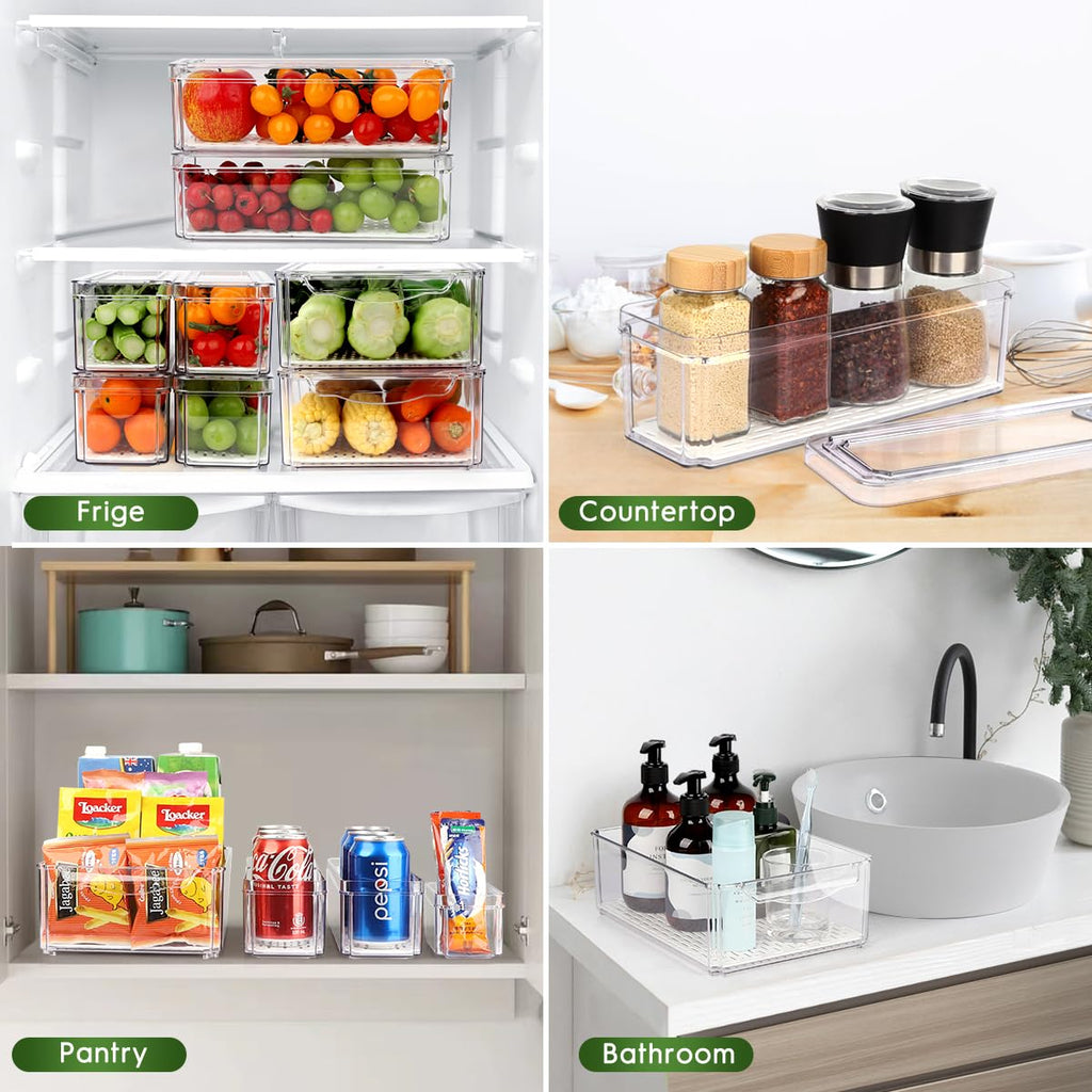6 Pack Fridge Organizer Bins with Lids, Stackable Clear Storage