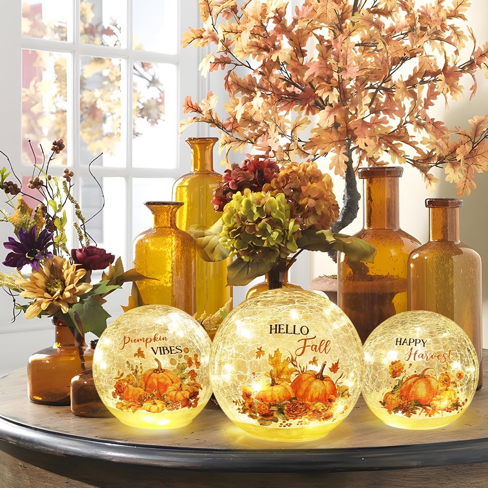 Fall Table Decor Sparkling Crackle Glass Ball with LED Lights Timer Pumpkin Gnomes for Thanksgiving Decor - Set of 3