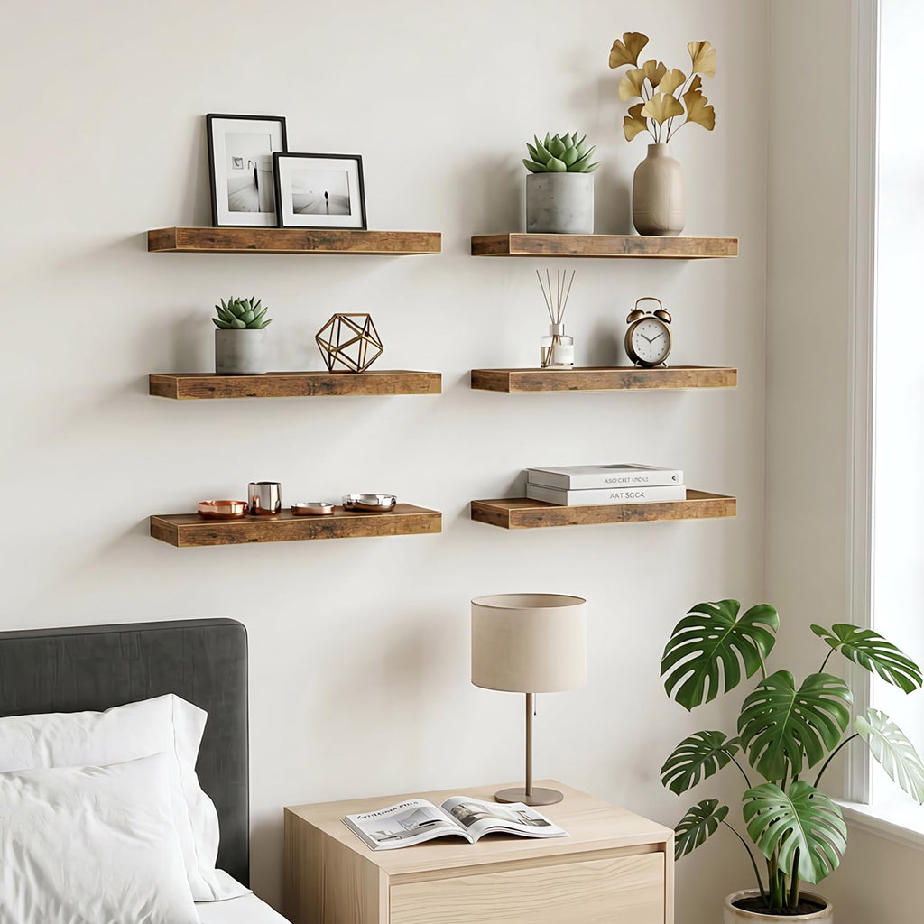 Floating Wall Shelves for Decor (Rustic Brown, Set of 6, 15.7 Inch)