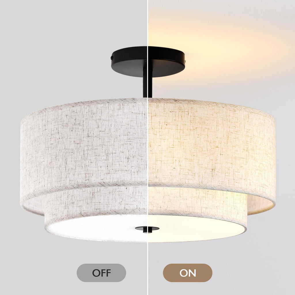 16" Double Drum 3-Light Semi Flush Mount Ceiling Light, Classic Fabric Linen Shade Design