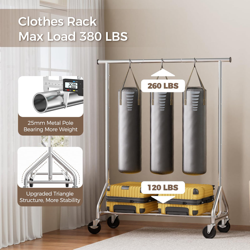 Clothes Rack, Rolling Heavy Duty Clothing Rack Load 380 LBS