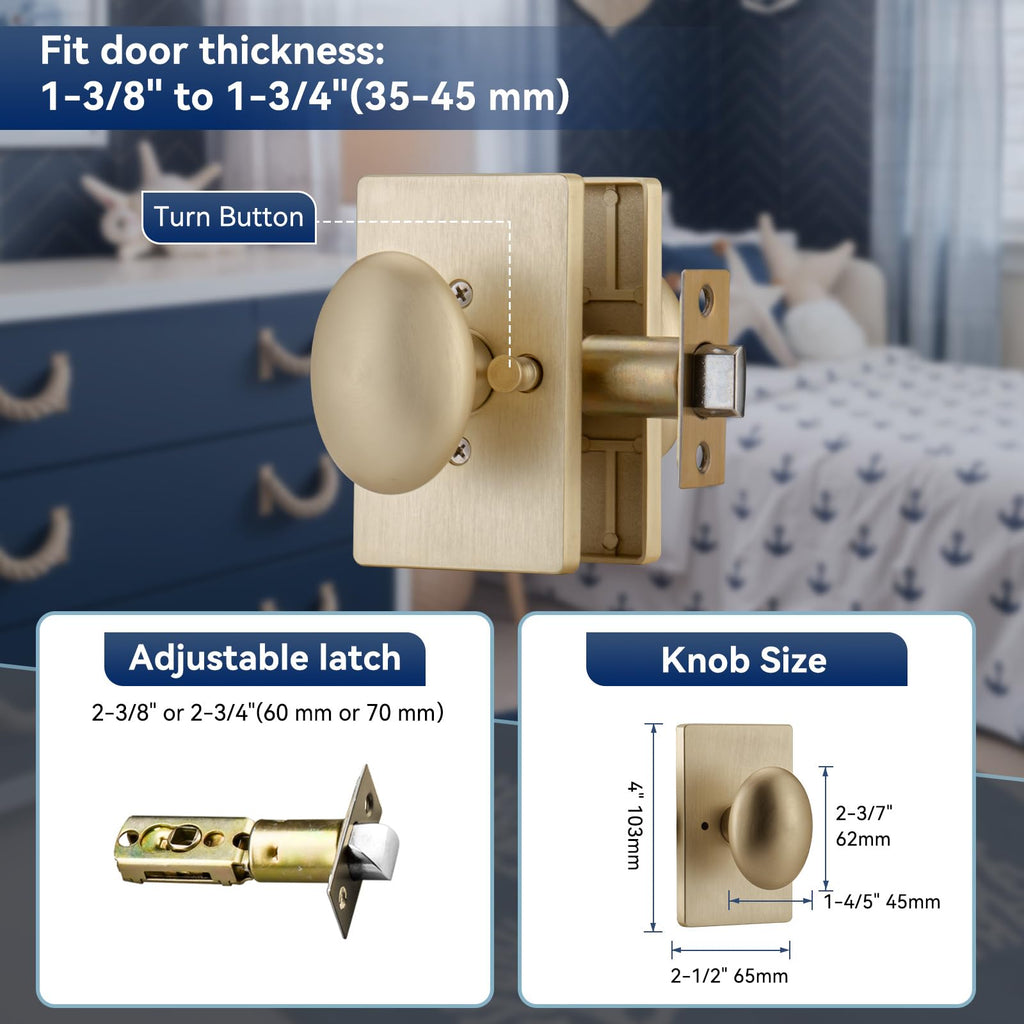 Brushed Gold Door Knobs Interior with Push Lock, Egg Knob Bathroom Door Lock for Privacy Bedroom or Office