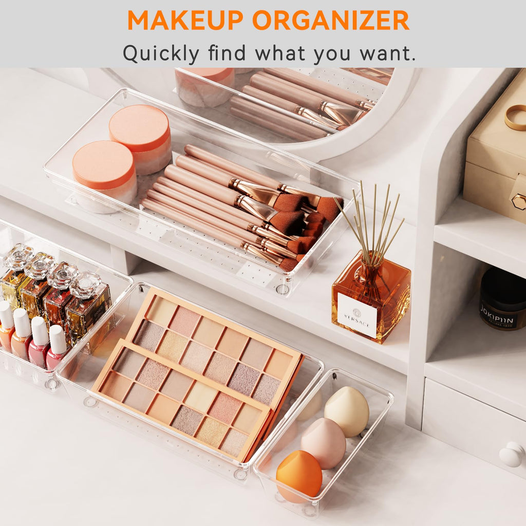 16 Pack Large Clear Plastic Drawer Organizer Bins - 5 Size Acrylic Bathroom and Vanity Organizers and Storage Trays