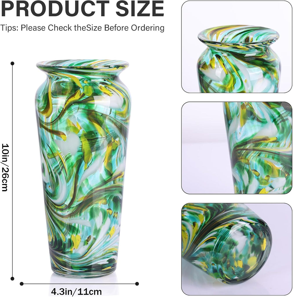 Green Hand Blown Glass Vase - Tall Speckled Decorative Centerpiece in Murano Style for Dining Table, Coffee Table