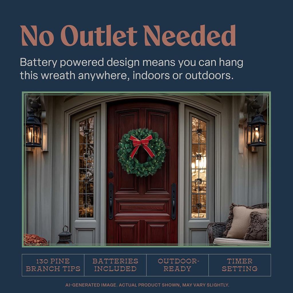 Battery Operated Wreath for Front Door. Pre-Lit Evergreen Xmas Lighted Holiday Christmas Outdoor Timer, 24", Red