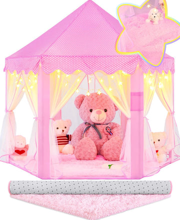 Princess Tent with Lights and Rug, Play Tent for Girls, Kids Tent Indoor and Mat, Princess Castle Playhouse Tent