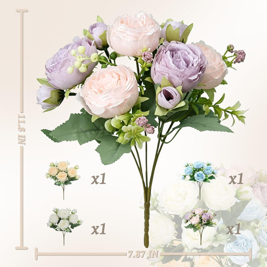 Fake Flowers, Artificial Flowers Bouquets of Silk Peony Decor - Set of 4