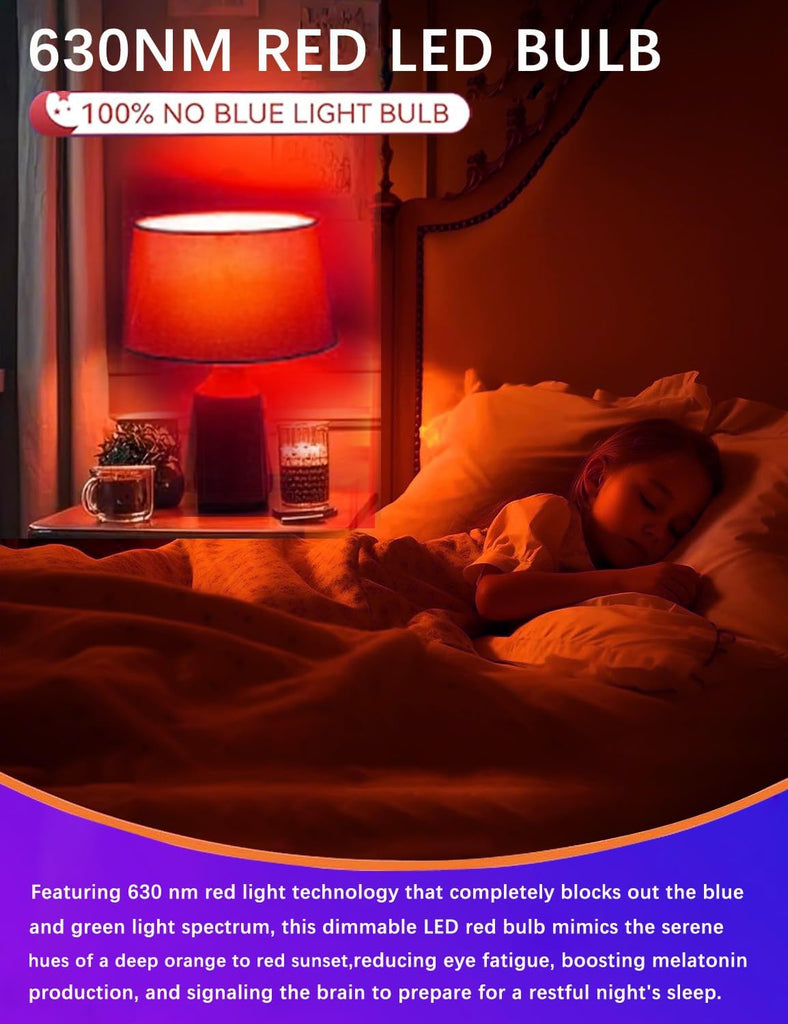 LED Red Sleep Light Bulb Dimmable, 100% Blue Light Blocking Bulb