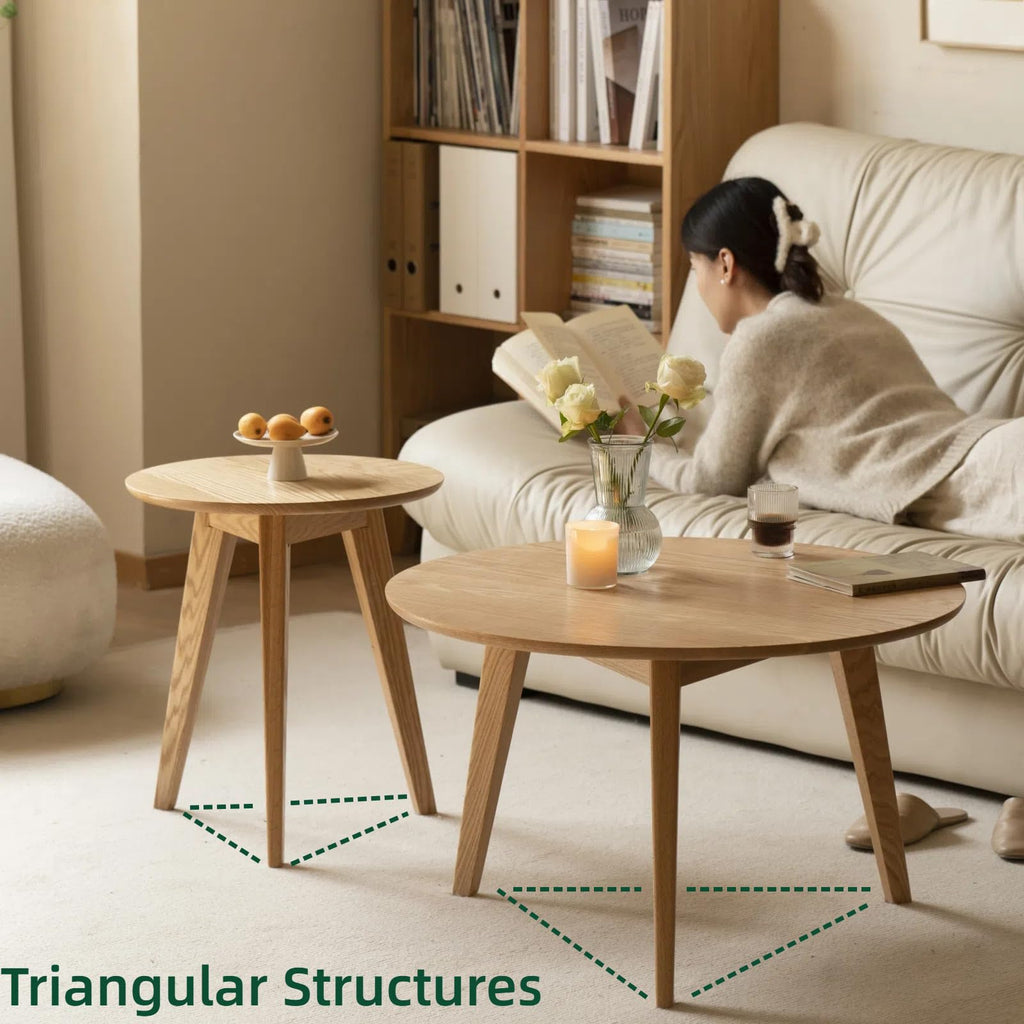 100% Solid Oak Wood Mini Coffee Table, Round Side Table w/Solid Wood Legs, Minimalist Coffee Table w/Sturdy Frame