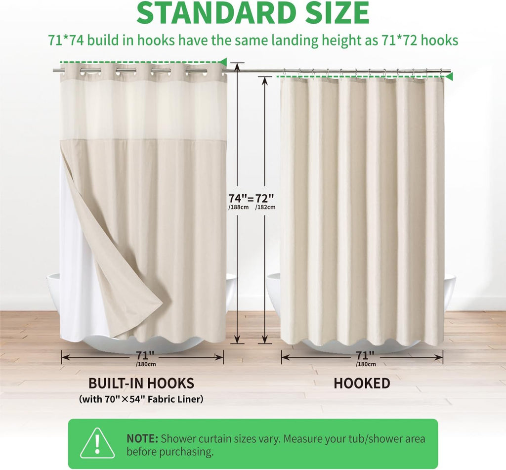 No Hooks Polyester Textured Shower Curtain with Snap-in Fabric Liner Set, Hotel Luxury Decor Shower Curtains with See