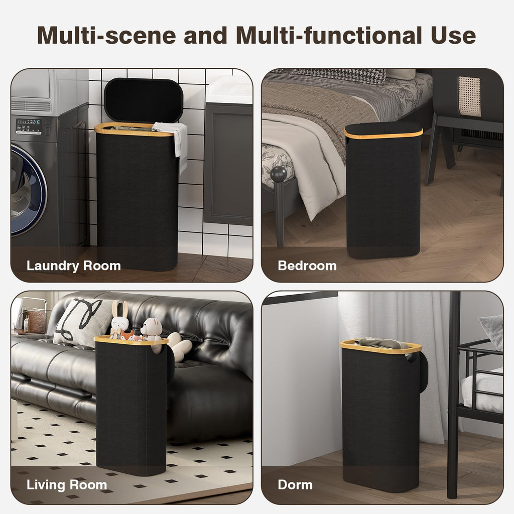 Slim Laundry Hamper with Lid, 75L Small Laundry Basket, Black