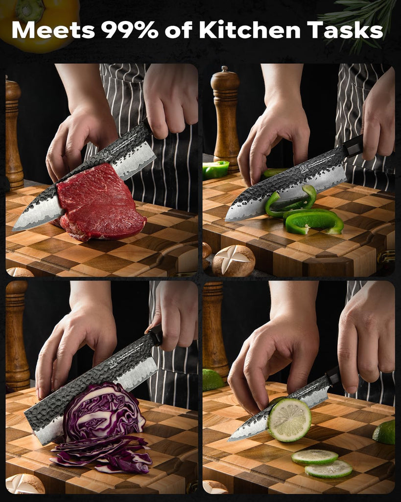 Japanese Knife Set with Block, Kitchen Knives Gift for Men & Women | Hand Forged 5-Layer 9CR18MOV Clad Steel Chef