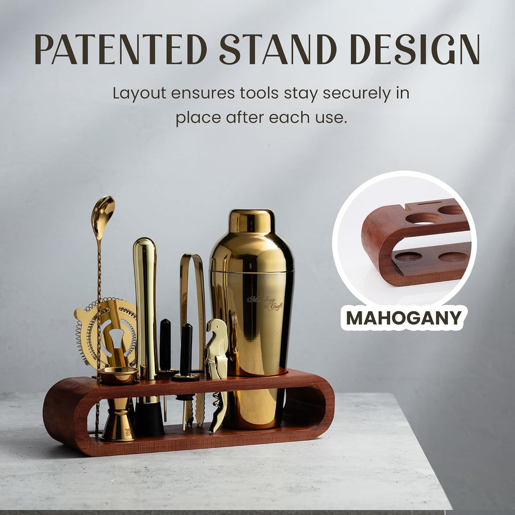Cocktail Shaker Set with Dark Bamboo Stand - Professional 10-Piece Bartender Kit - Complete Bar Set & Cocktail Mixer - Set of 10