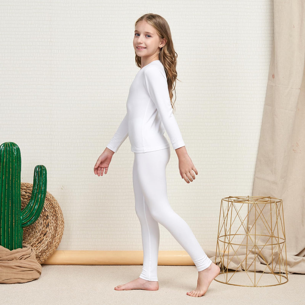 Girls Ultra Soft Fleece Lined Thermal Underwear Kids Long Johns Top Bottom Set for Winter (White, Small)