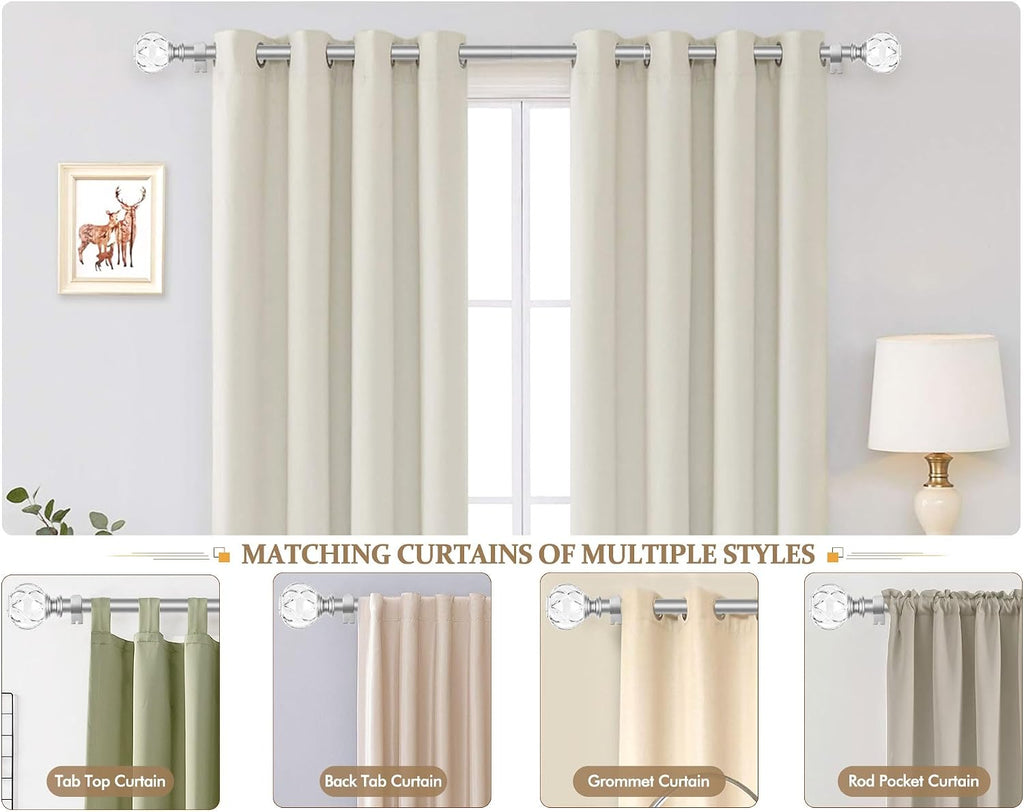 1 Inch Curtain Rod for Windows 32 to 58 Inch(2.6 to 4.8 ft), Silver Telescoping Decorative Drapery Rods with Acrylic