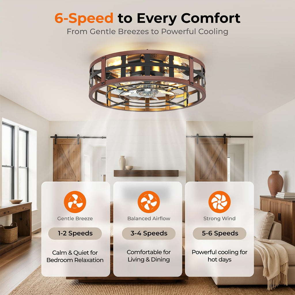 20" Farmhouse Flush Mount Ceiling Fans with Lights and Remote, Low Profile Caged Fan Lights Fandelier 6 Speeds