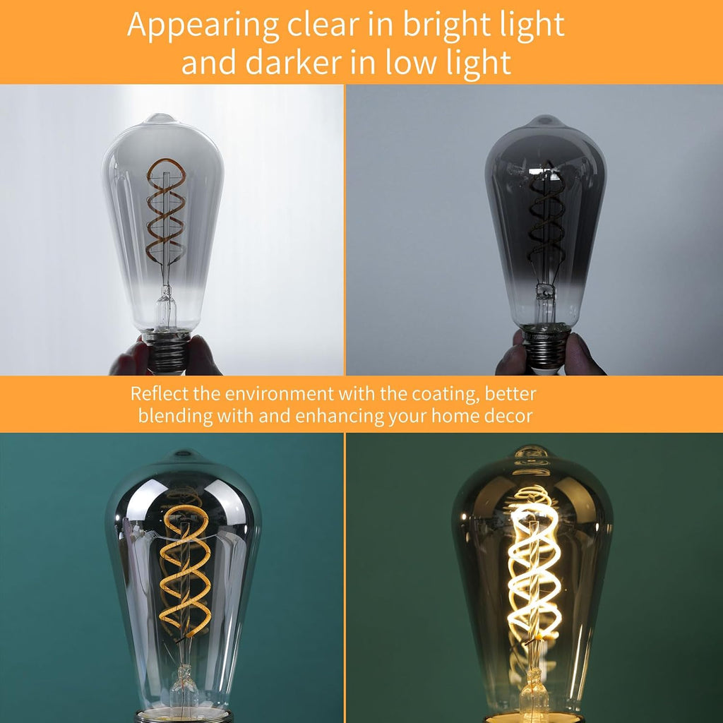 E26 ST64 Vintage Edison Light Bulbs, Smoky Grey Coated Glass, Dimmable, 4W(20W Equivalent) 150 Lumens, 2700K Soft