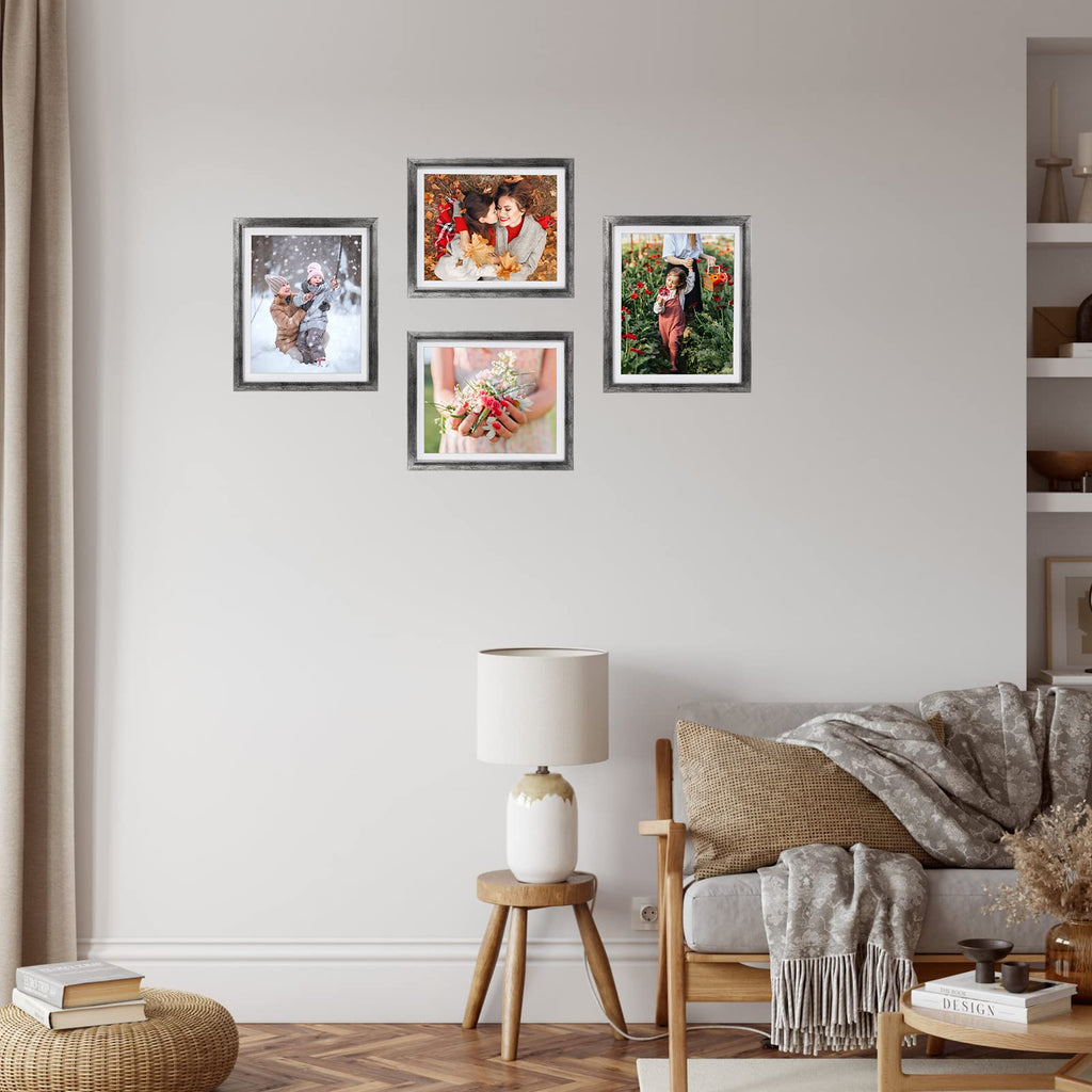 8x10 Picture Frame Distressed Silver Set of 4, 9x11 Frame for 8"x10" Photo with Mat, Antique Silver Frames for Wall