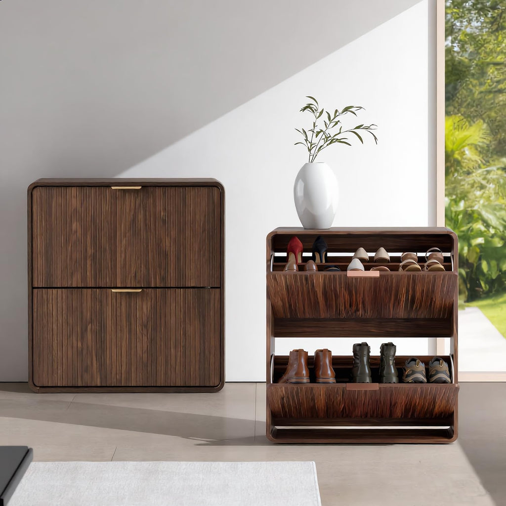 Modern Shoe Cabinet with 2 Flip Drawers, Fluted Panel Freestanding Wood Organizer, Walnut