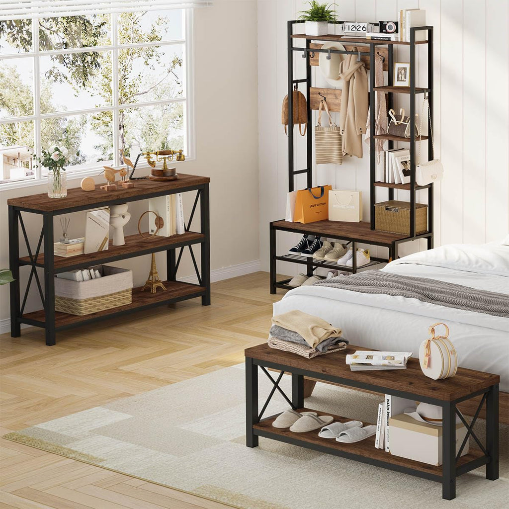 Entryway Bench with Storage, 2 Tier Rustic Shoe Bench, 47 inch