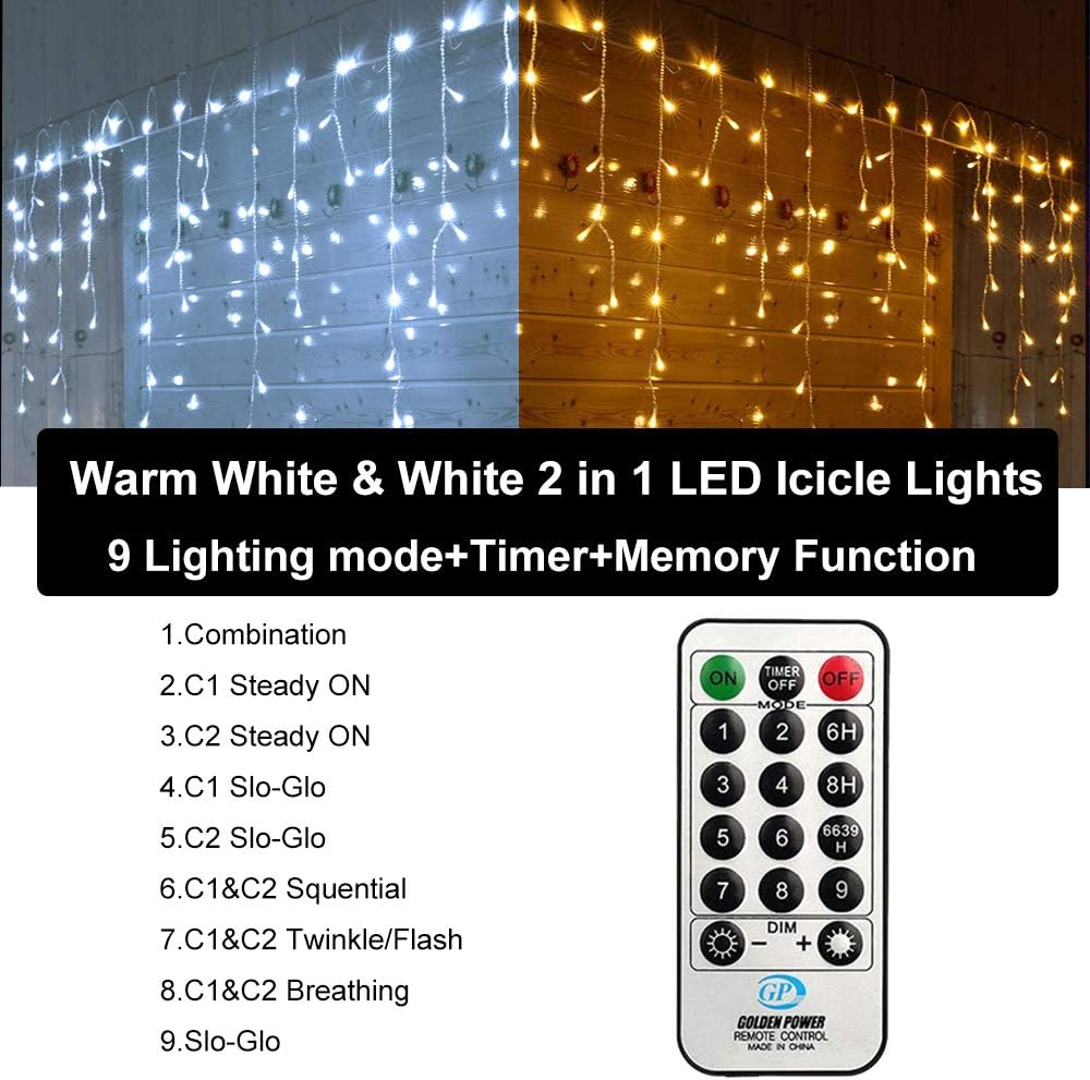 Christmas Icicle Lights Outdoor, 2 in 1 White & Warm White Color Changing Icicle Lights with 60 Drops, 29.5ft 360 LED