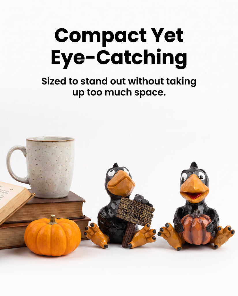 Set of 2 Thanksgiving Crow Figurines, Resin Fall Tabletop Decor with Pumpkin and Give Thanks Sign, Black Bird Shelf