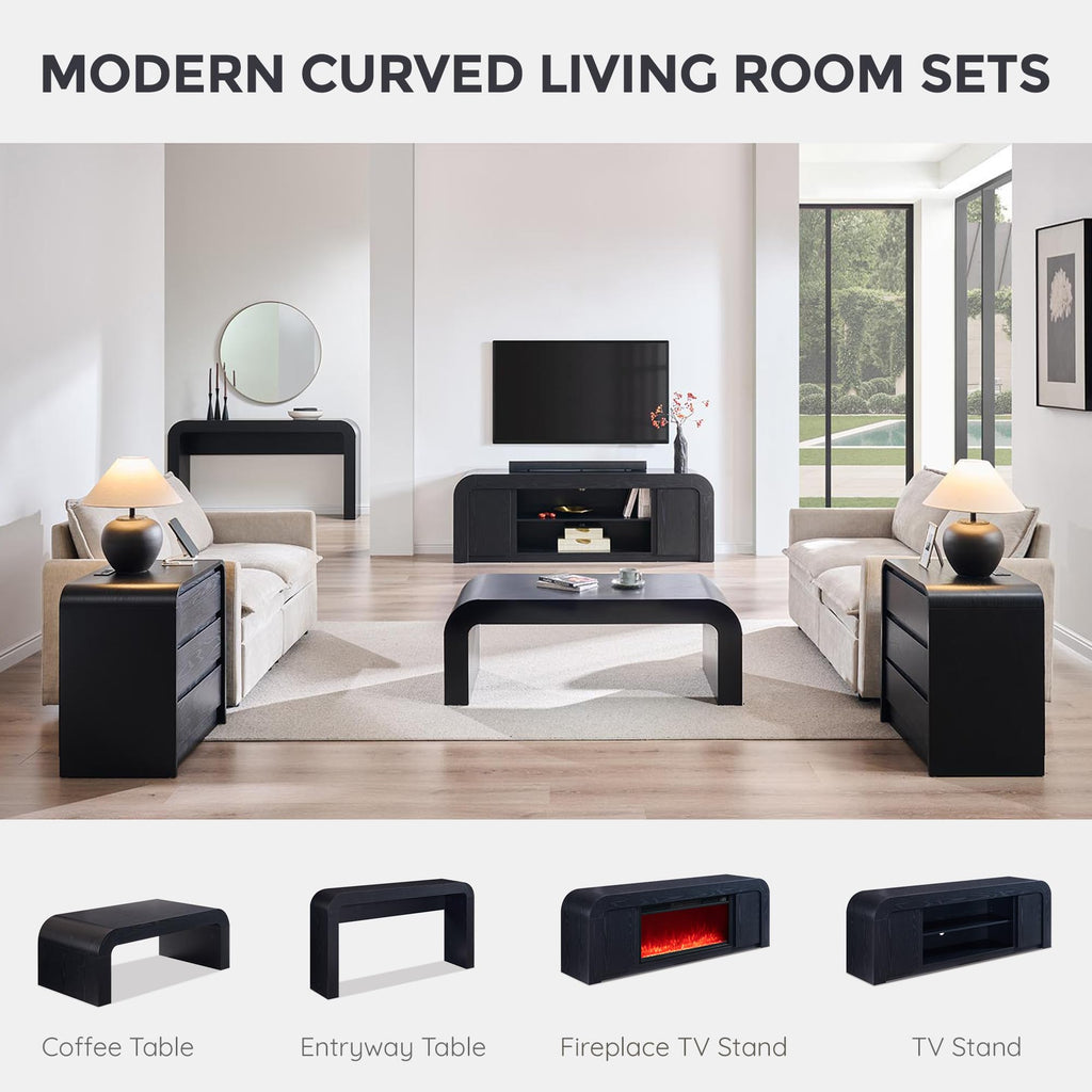 48" Modern Curved Coffee Table, Wood Minimalist Center Table, Black